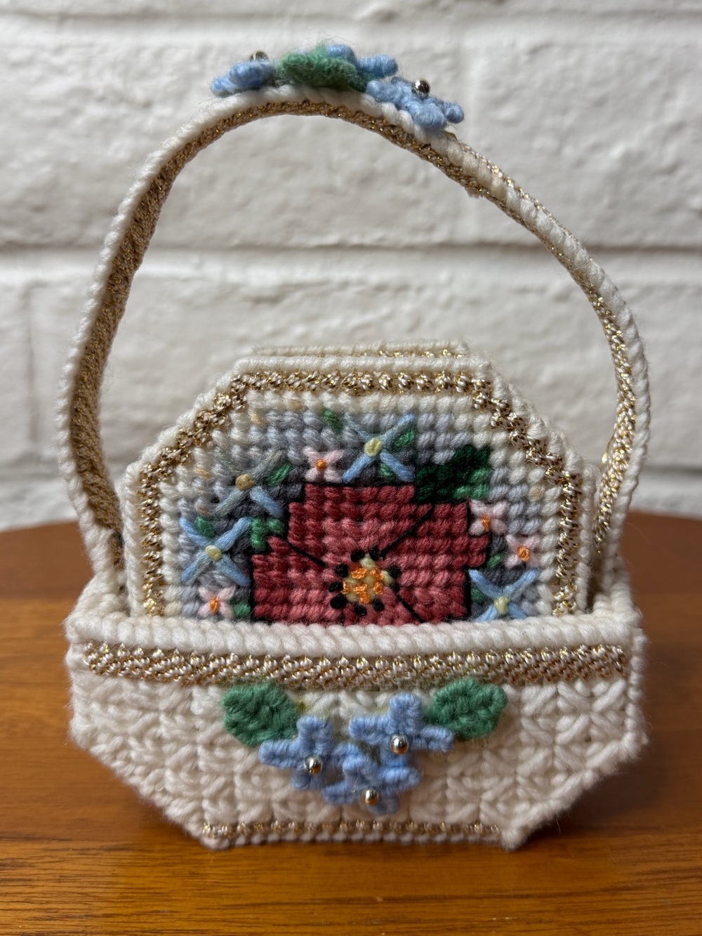 Vintage Handmade Floral Yarn And Plastic Canvas Cottagecore Coaster Set of 6